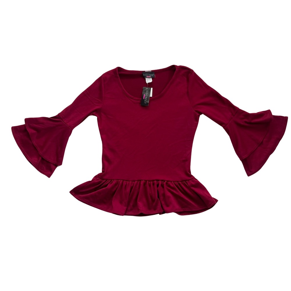 Discreet Womens Burgundy Ruffle 3/4 Sleeve Peplum Blouse Top Size M Made in USA